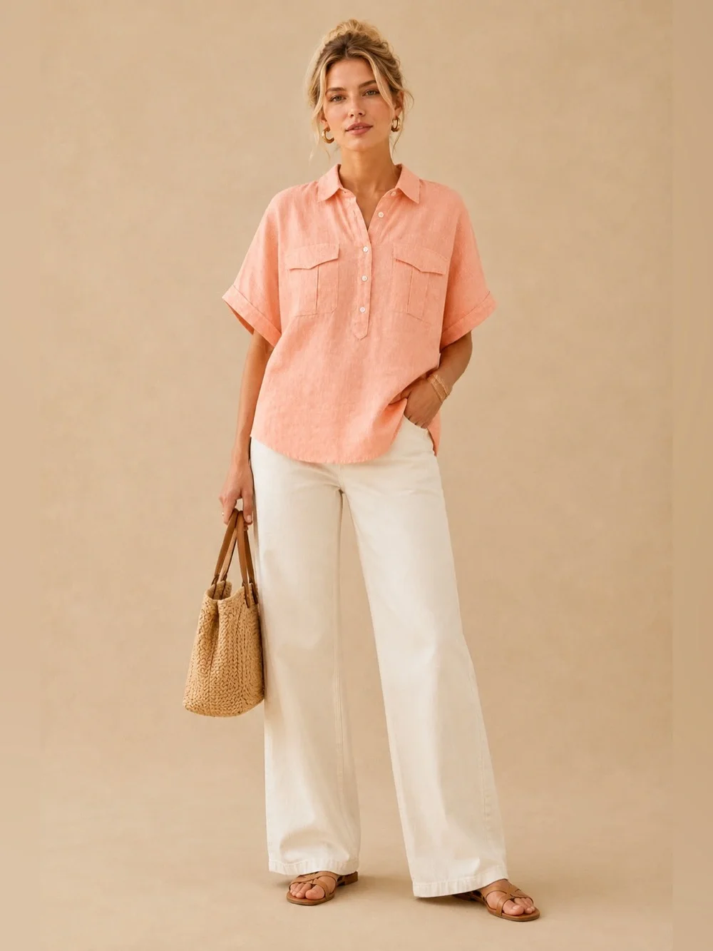 J.Crew Baird McNutt Irish Linen Peach Orange Short Sleeve Flowy Popover Blouse